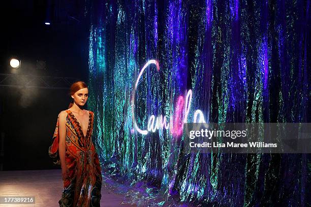 Model showcases designs by Camilla on the runway at the MBFWA Trends show during Mercedes-Benz Fashion Festival Sydney 2013 at Sydney Town Hall on...