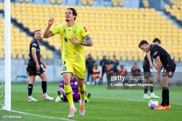 Oskar Zawada of the Phoenix celebrates after scoring a goal during the A-League Men round three match between Wellington Phoenix and Brisbane Roar at...