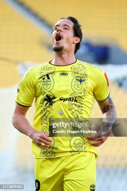 Oskar Zawada of the Phoenix celebrates after scoring a goal during the A-League Men round three match between Wellington Phoenix and Brisbane Roar at...