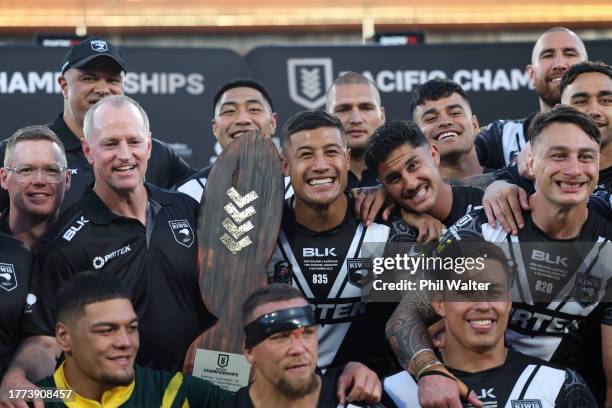 Kiwis coach Michael Maguire stands alongside the trophy during the Men's Pacific Championship Final match between Australia Kangaroos and New Zealand...