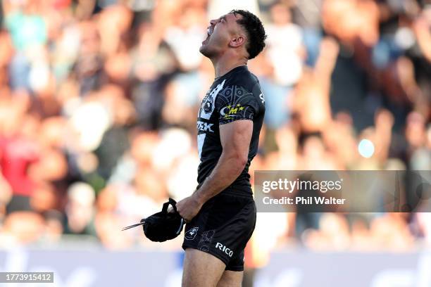 Jahrome Huges of New Zealand celebrates on full time during the Men's Pacific Championship Final match between Australia Kangaroos and New Zealand...