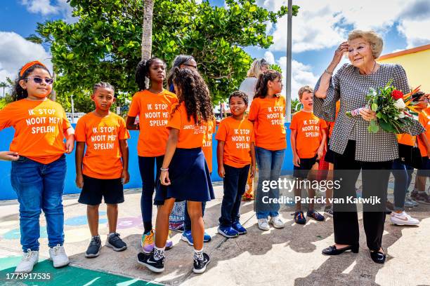 Princess Beatrix of The Netherlands visits the Neptali Henriquez playground, supported by Jantje Beton foundation, to improve playgrounds at the...