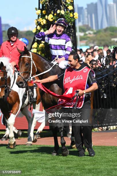 James McDonald riding Riff Rocket after winning in Race 7, the Penfolds Victoria Derby, during Derby Day at Flemington Racecourse on November 04,...
