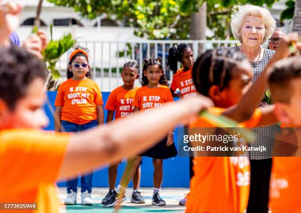 Princess Beatrix of The Netherlands visits the Neptali Henriquez playground, supported by Jantje Beton foundation, to improve playgrounds at the...