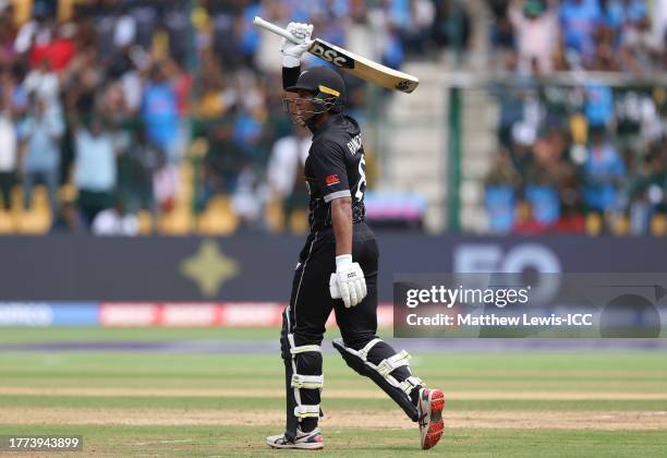 Rachin Ravindra of New Zealand celebrates their half century during the ICC Men's Cricket World Cup India 2023 between New Zealand and Pakistan at M....