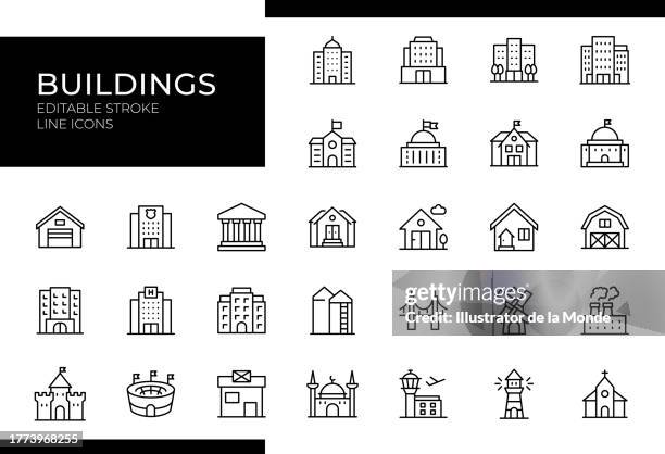 illustrazioni stock, clip art, cartoni animati e icone di tendenza di icone edifici - serie linea - tratto modificabile - comune