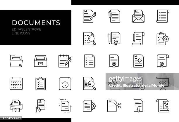 dokumente symbole - linienreihe - bearbeitbarer strich - unterschrift stock-grafiken, -clipart, -cartoons und -symbole