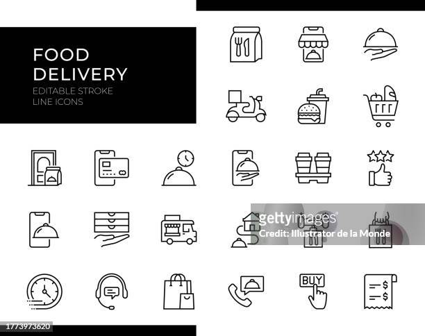 food delivery icons - line series - editable stroke - take away food stock illustrations