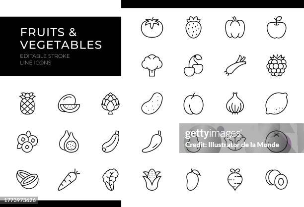 fruits & vegetables icons - line series - editable stroke - courgette stock illustrations
