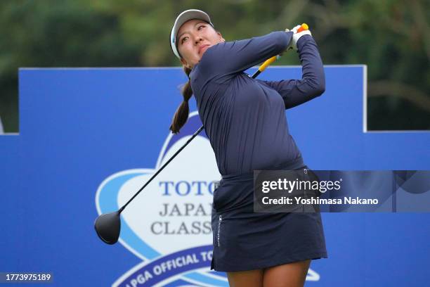 Yuka Nii of Japan hits her tee shot on the 18th hole during the third round of the TOTO Japan Classic at the Taiheiyo Club's Minori Course on...