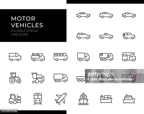 illustrazioni stock, clip art, cartoni animati e icone di tendenza di icone dei veicoli - serie di linee - tratto modificabile - automobile