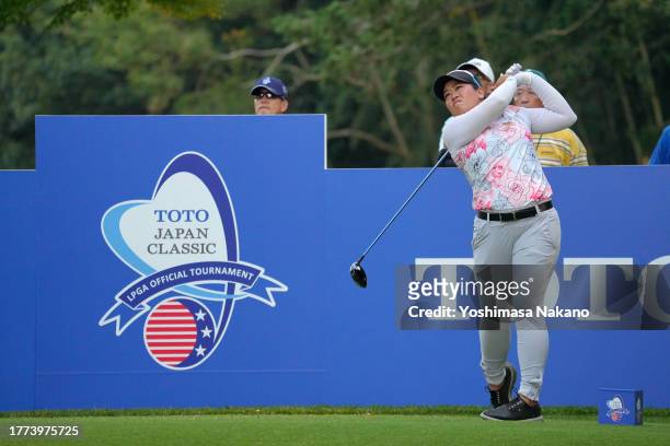Jasmine Suwannapura of Thailand hits her tee shot on the 18th hole during the third round of the TOTO Japan Classic at the Taiheiyo Club's Minori...