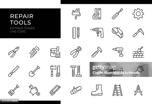 bildbanksillustrationer, clip art samt tecknat material och ikoner med repair tools icons - line series - editable stroke - trädgårdsredskap