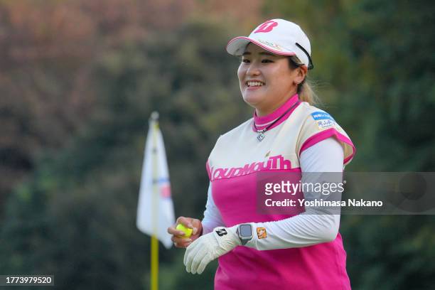 Shiho Kuwaki of Japan celebrates the eagle on the 17th green during the third round of the TOTO Japan Classic at the Taiheiyo Club's Minori Course on...