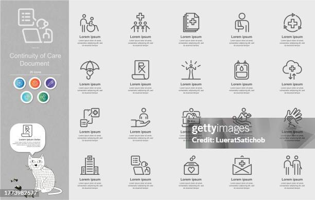 continuity of care document (ccd) line icons content infographic - patient education stock illustrations