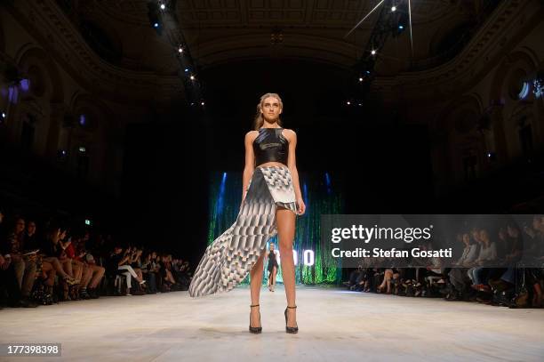 Model showcases designs by Suboo on the runway at the MBFWA Trends show during Mercedes-Benz Fashion Festival Sydney 2013 at Sydney Town Hall on...