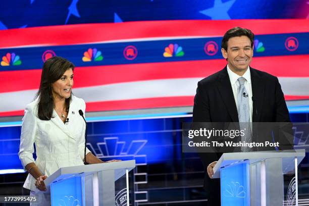 Former United Nations Ambassador Nikki Haley and Florida Gov. Ron DeSantis during the Republican Presidential Debate at the Adrienne Arsht Center for...