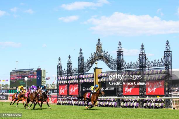 James McDonald riding Riff Rocket defeats Mark Zahra riding Apulia in Race 7, the Penfolds Victoria Derby, during Derby Day at Flemington Racecourse...