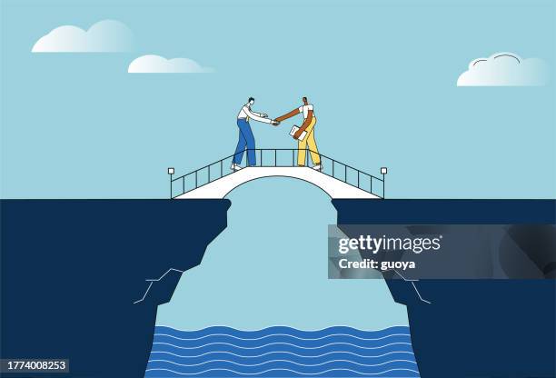 stockillustraties, clipart, cartoons en iconen met two businessmen shaking hands and cooperating on the cliff bridge. - grijpen