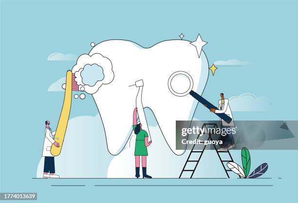 doctors cleaning teeth, dental care concept illustration. - man white teeth stock illustrations