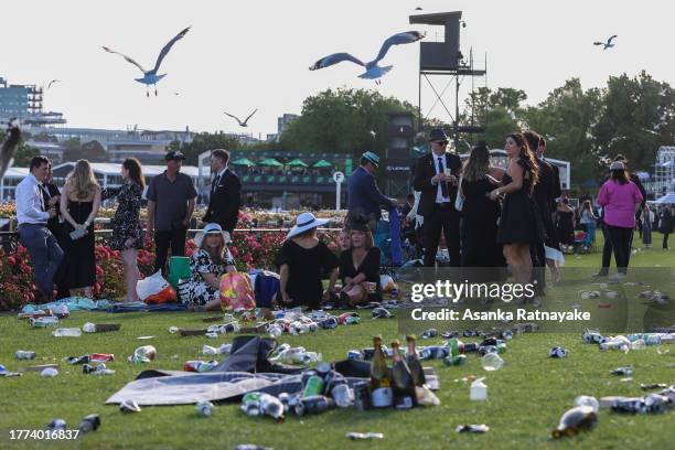 Rubbish on the front lawn at the conclusion of Derby Day at Flemington Racecourse on November 04, 2023 in Melbourne, Australia.