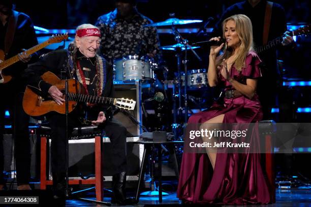 Willie Nelson and Sheryl Crow perform onstage at the 38th Annual Rock & Roll Hall Of Fame Induction Ceremony at Barclays Center on November 03, 2023...