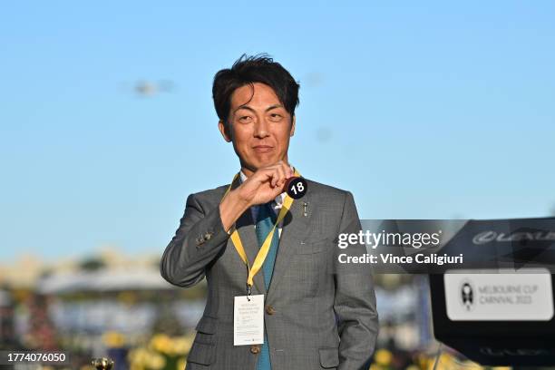 Tatsuya Yoshioka, trainer of Breakup is seen after the barrier draw of The Melbourne Cup during Derby Day at Flemington Racecourse on November 04,...