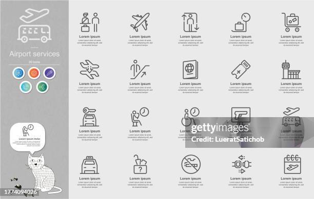 flughafendienstleistungen line icons content infografik - world war 1 aircraft stock-grafiken, -clipart, -cartoons und -symbole