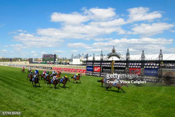 Rachel King riding Ozzmosis winning Race 6, the Coolmore Stud Stakesduring Derby Day at Flemington Racecourse on November 04, 2023 in Melbourne,...
