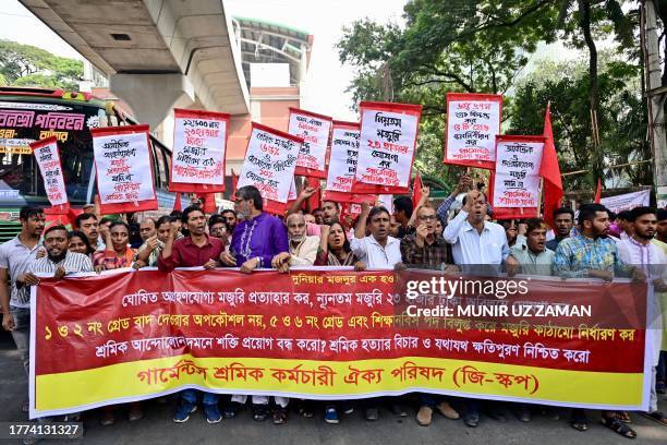 Garment workers and activists protest in Dhaka on November 10, 2023. Bangladesh's Prime Minister Sheikh Hasina has rejected any further pay hikes for...