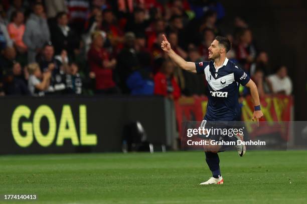 Bruno Fornaroli of the Victory celebrates a goal during the A-League Men round three match between Melbourne Victory and Adelaide United at AAMI Park...