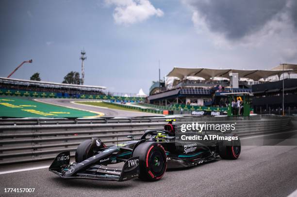 Lewis Hamilton of Great Britain driving the Mercedes AMG Petronas F1 Team W1 on track during practice/qualifying ahead of the F1 Grand Prix of Brazil...