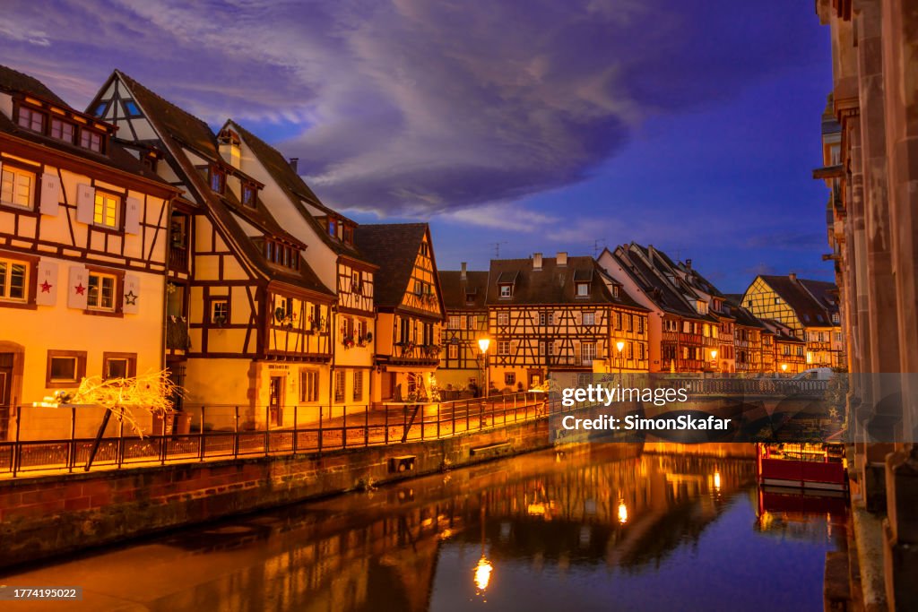 Christmas street at dusk in Colmar, Alsace, France