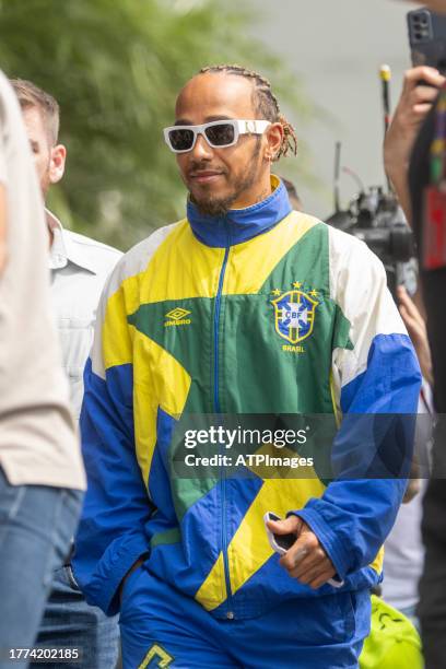 Lewis Hamilton of Great Britain driving the Mercedes AMG Petronas F1 Team W1 seen during practice/qualifying ahead of the F1 Grand Prix of Brazil at...