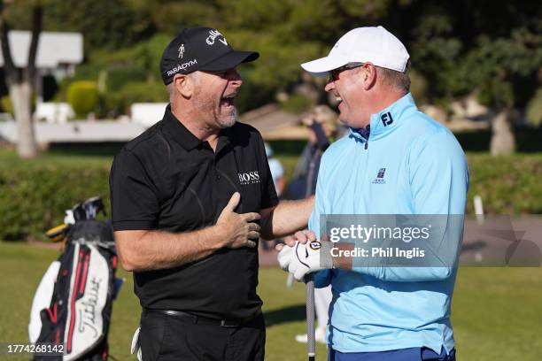 Gary Evans of England has a chat with amateur partner Nigel Williams during Day Two of the Farmfoods European Senior Masters hosted by Peter Baker...