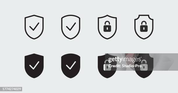 chekmark and padlock shield icon set - lock logo stock illustrations