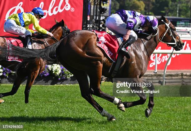 James McDonald riding Riff Rocket defeats Mark Zahra riding Apulia in Race 7, the Penfolds Victoria Derby, during Derby Day at Flemington Racecourse...