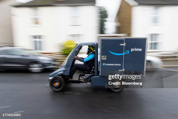 An electric cargo delivery bike on a residential street in Croydon, UK, on Thursday, Nov. 9, 2023. Amazon has been working to better target customers...