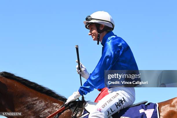 Jamie Kah riding Spacewalk after winning Race 4, the Racing And Sports Rising Fast Stakes, during Derby Day at Flemington Racecourse on November 04,...