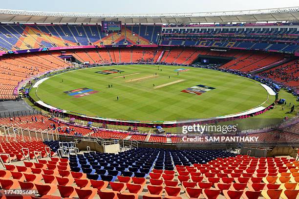 General view of the Narendra Modi Stadium is seen before the start of the 2023 ICC men's cricket World Cup one-day international match between South...