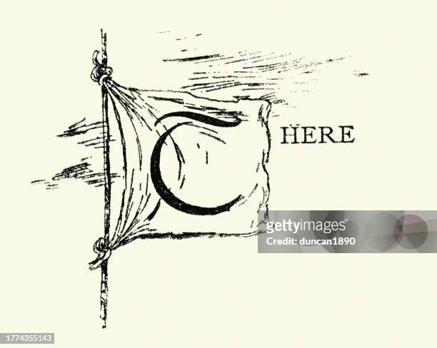 captial letter t, there, flying on a flag, victorian design element, 19th century - victorian font stock illustrations