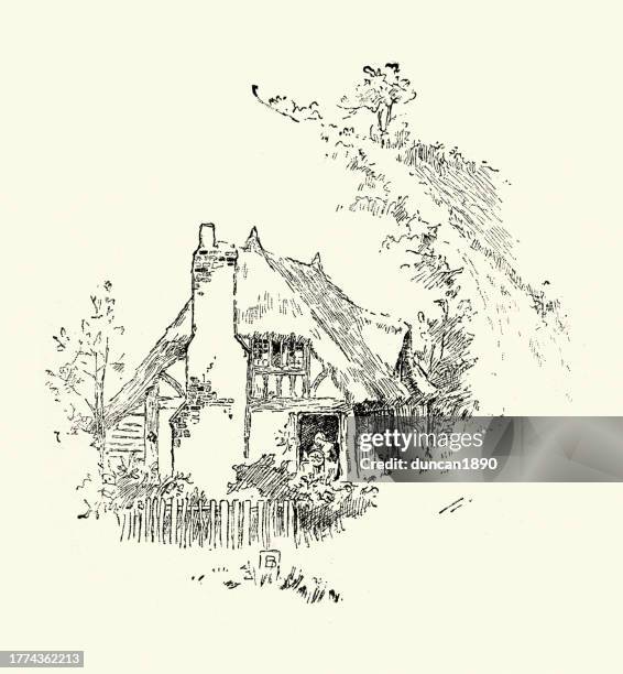 stockillustraties, clipart, cartoons en iconen met sketch of a traditional english cottage with a thatched roof, victorian, 19th century - thatched roof