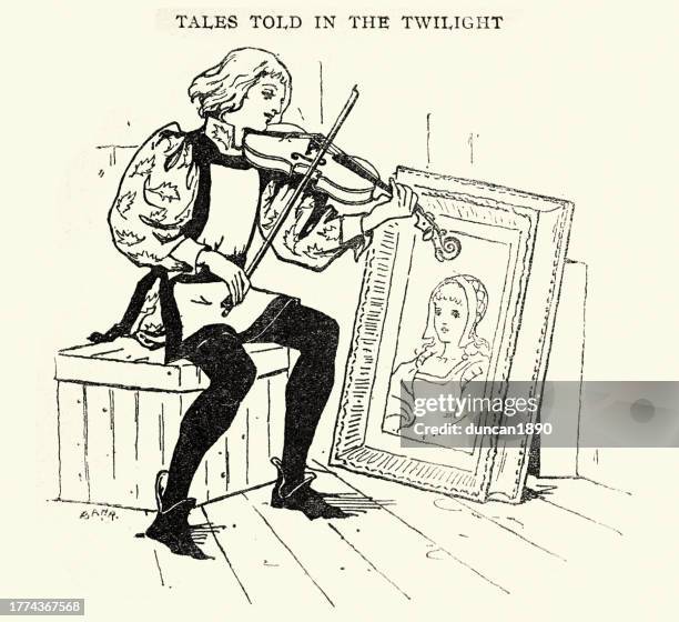 young man playing the violin in front of a portrait of his true love, victorian children's book illustration, 19th century - boy violin stock illustrations