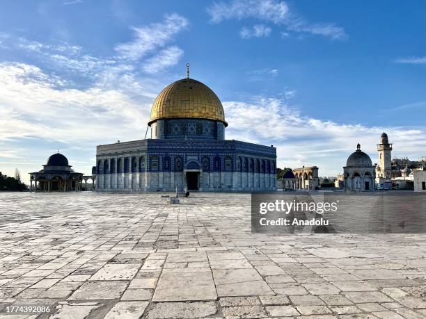 Al-Aqsa Mosque and its courtyard are seen empty before Friday prayers as Israeli forces continue to impose restrictions on Palestinians in Jerusalem...