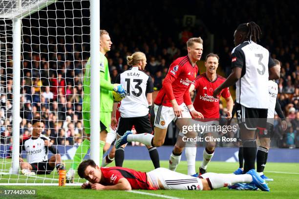 Scott McTominay of Manchester United celebrates after scoring a goal that is later ruled offside during the Premier League match between Fulham FC...