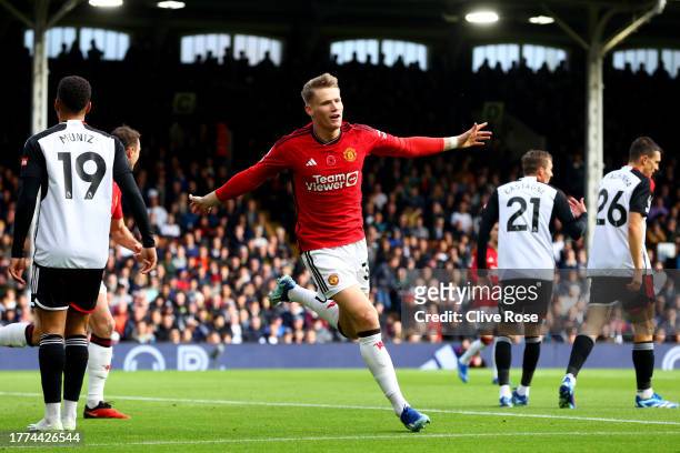 Scott McTominay of Manchester United celebrates after scoring a goal that is later ruled offside during the Premier League match between Fulham FC...