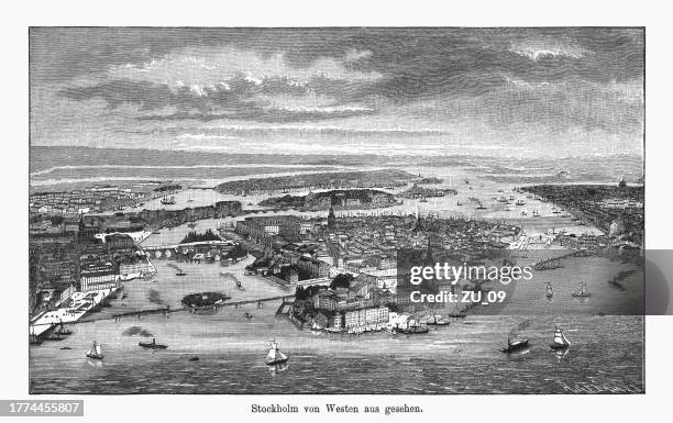 historical view of stockholm, sweden, wood engraving, published in 1894 - stockholm port stock illustrations