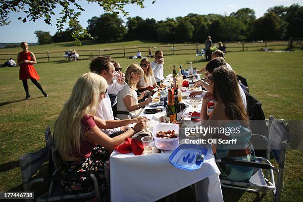 Audience members picnic in the grounds of Glyndebourne opera house before a production of the Benjamin Britten opera 'Billy Budd' on August 22, 21013...