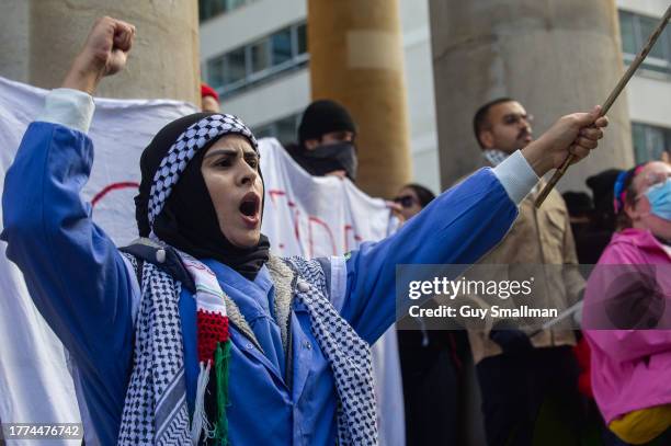 Activists gather at the BBC to demand a ceasefire in Gaza on November 4, 2023 in London, England. The action is being held to call for a ceasefire in...