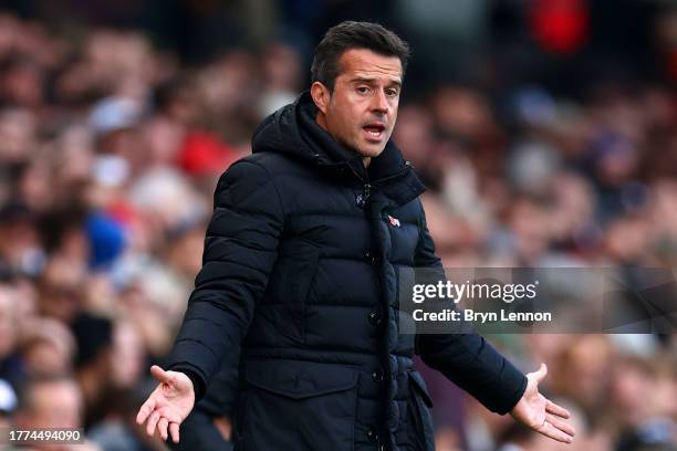 Marco Silva, Manager of Fulham, reacts during the Premier League match between Fulham FC and Manchester United at Craven Cottage on November 04, 2023...